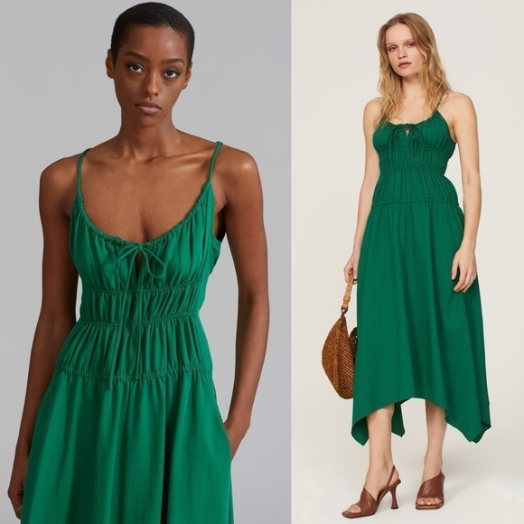 PROENZA SCHOULER Emerald Crepe Ruched Smocked Tie Front Sleeveless Midi Dress 10 - Picture 14 of 16